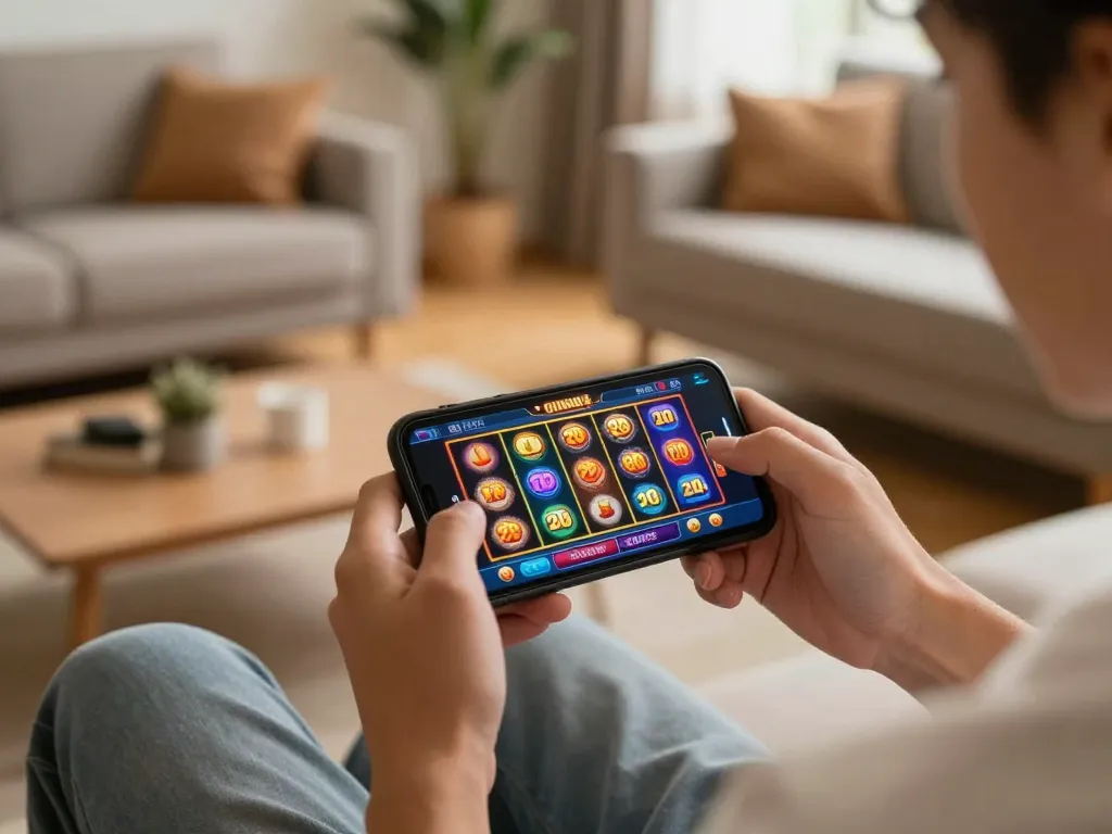 Player ready to place a slot bet 200 on their mobile device in a comfortable home setting.