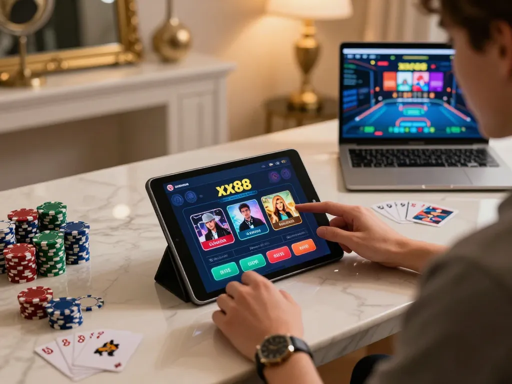Engaging with the xx88 casino app on a sleek tablet in a cozy gaming environment