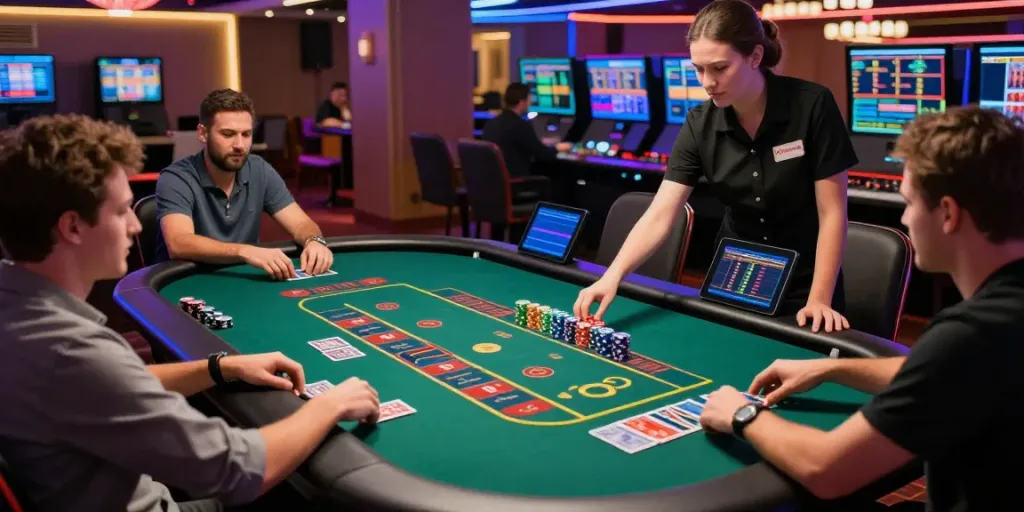 Players enjoying a thrilling roulette game at a credit card casino, showcasing excitement and camaraderie.
