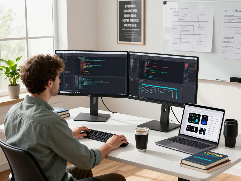 Developer in modern workspace using acrossprotocol for efficient coding and project management.