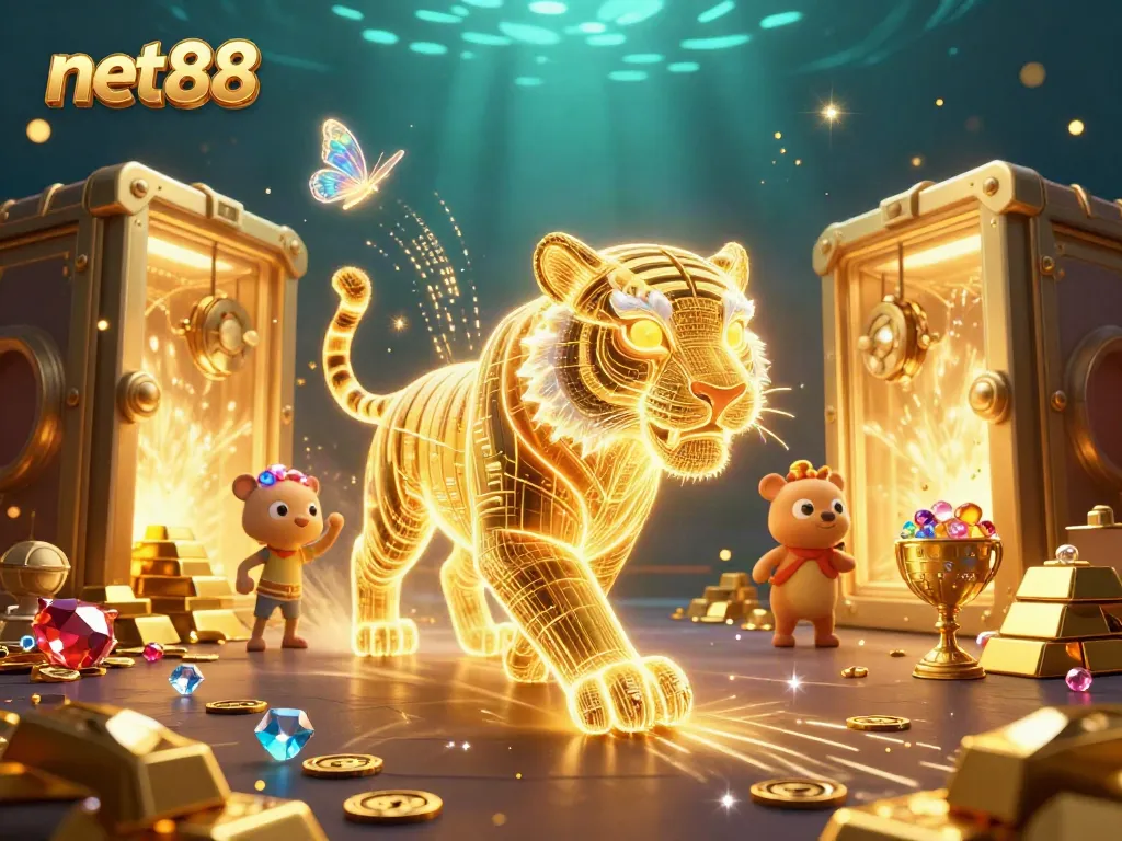 Experience the thrill of net88 with a vibrant 3D casino scene featuring a dynamic golden tiger and treasures.