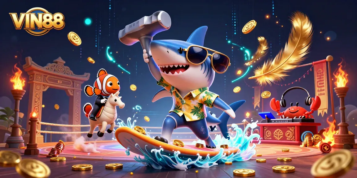 Surf the exciting world of VIN88 with a shark, clownfish, and crab in an energetic casino scene.