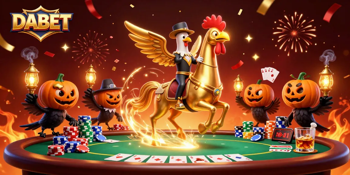 DABET showcases a vibrant casino scene with a golden rooster and poker elements, emphasizing thrilling gameplay.