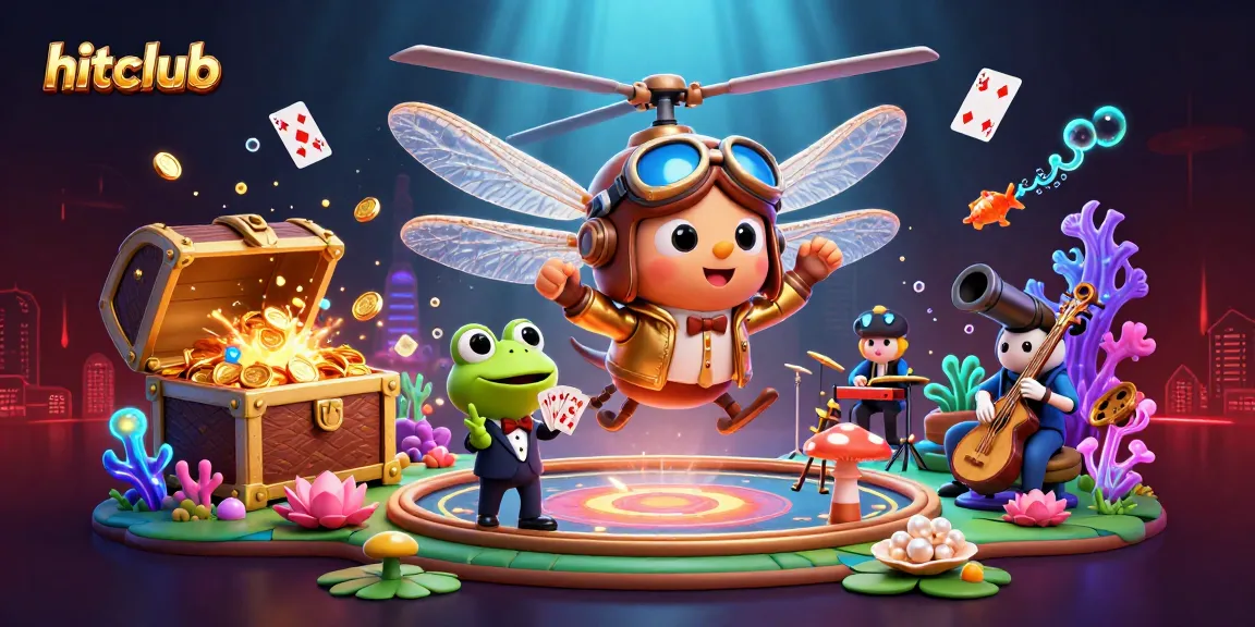 hitclub showcases an exciting casino scene with a dragonfly helicopter pilot and lively frog croupier