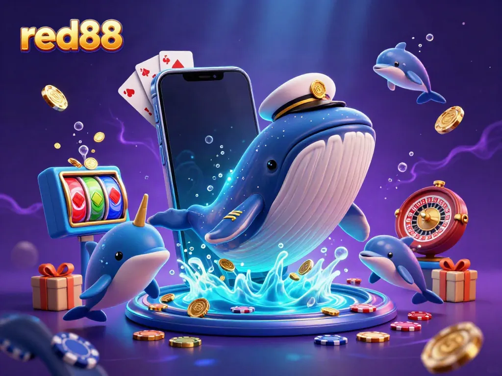 Feel the thrill of red88 with a giant whale and dolphins in a vibrant casino scene.