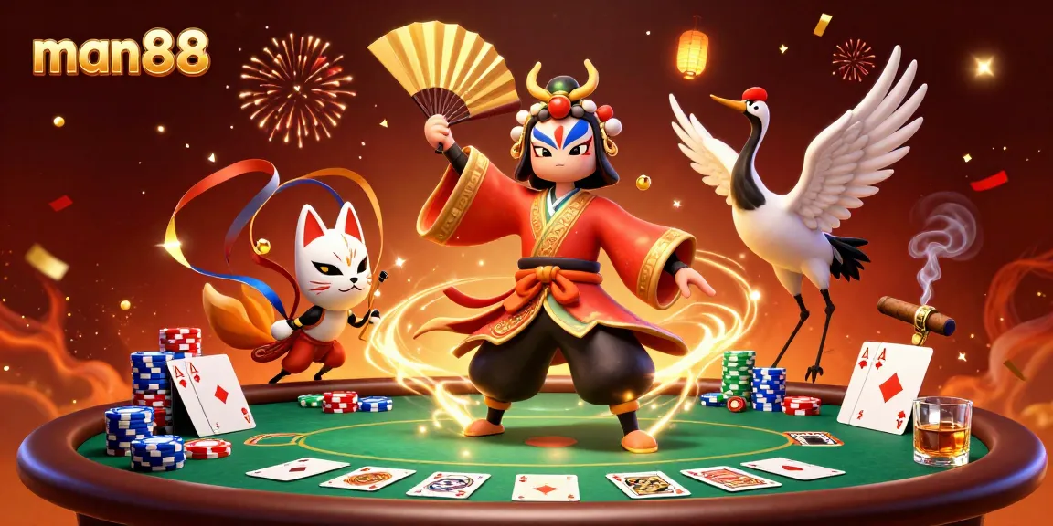 Experience the thrill of man88 with a vibrant poker scene featuring a kabuki warrior and kitsune mask.