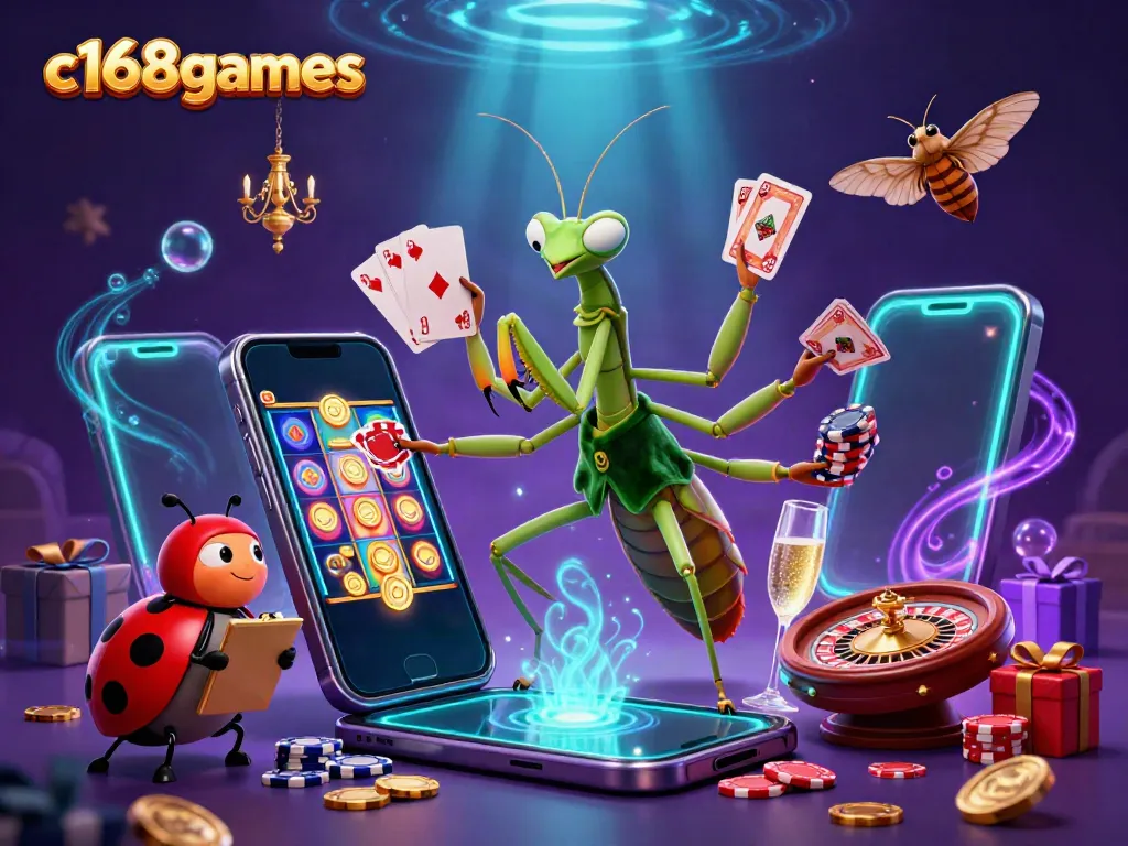 C168games showcases a vibrant casino scene with a praying mantis dealer, celebrating wins with vibrant slot game elements.