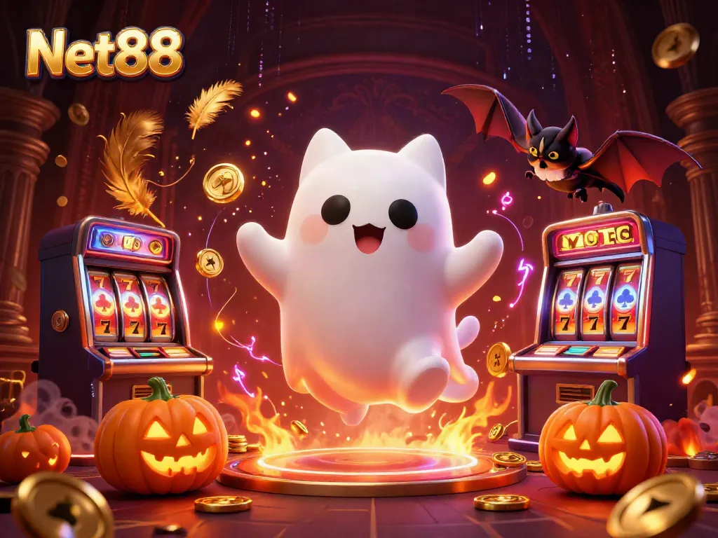 Experience the exciting games at Net88 with the floating ghost cat and vampire bat in a haunted casino scene.