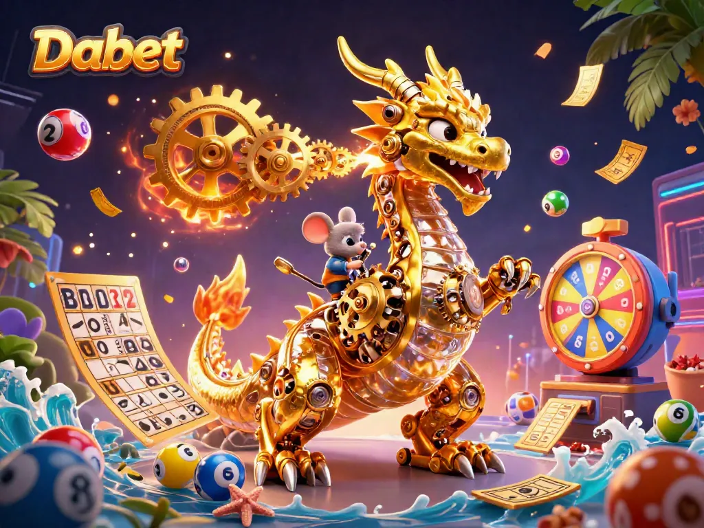 Dabet offers an exciting casino experience with vibrant game elements, showcasing a golden dragon and a mouse engineer.