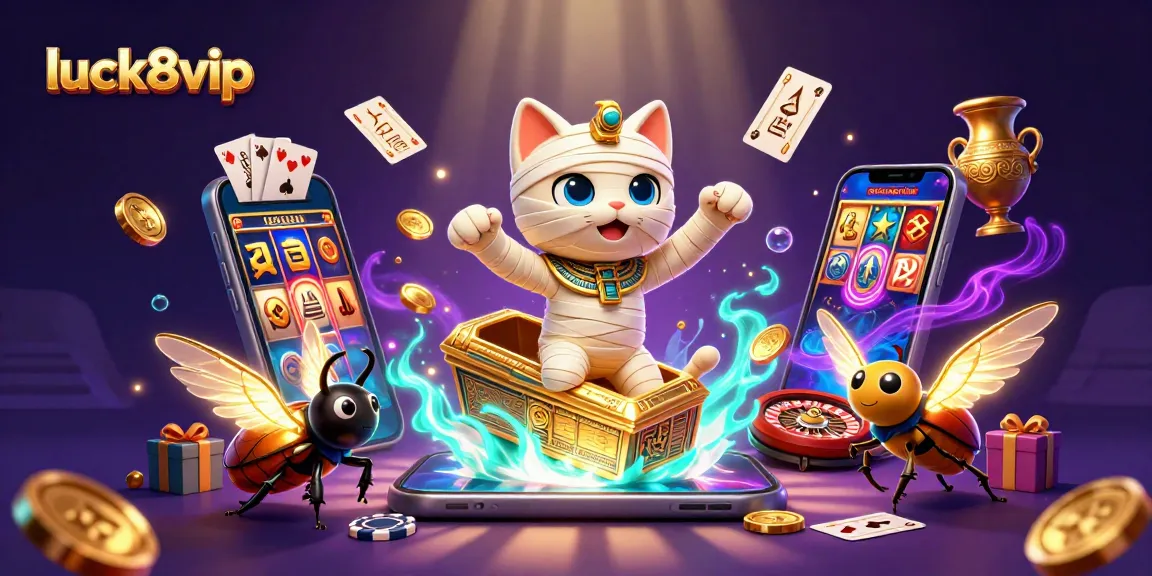 Experience the thrill of luck8vip with an Egyptian mummy cat and golden casino elements.