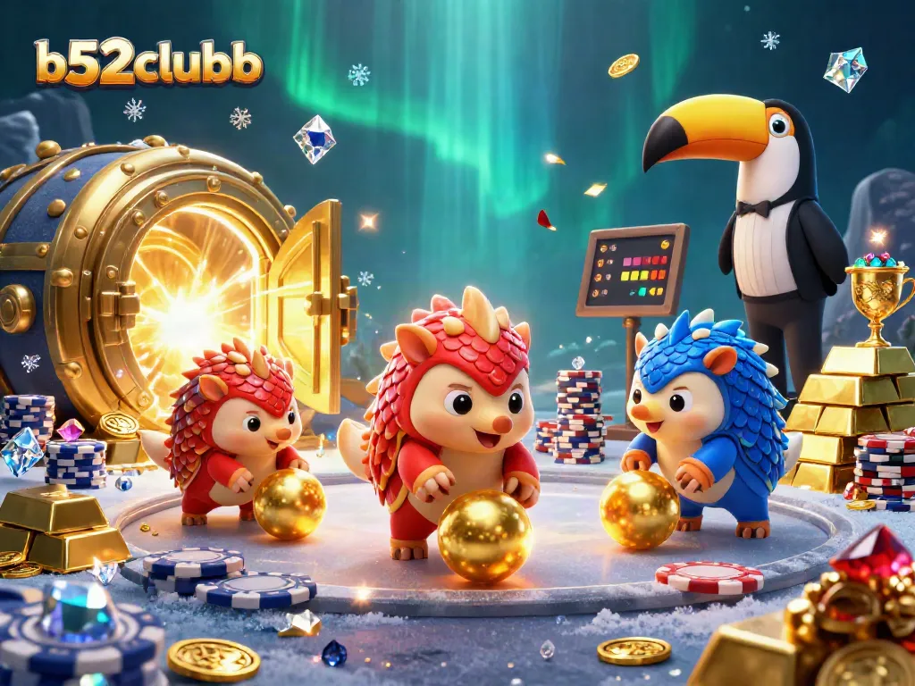 Engage in thrilling gameplay at b52clubb with rival pangolins bowling through poker chips in a dazzling scene.