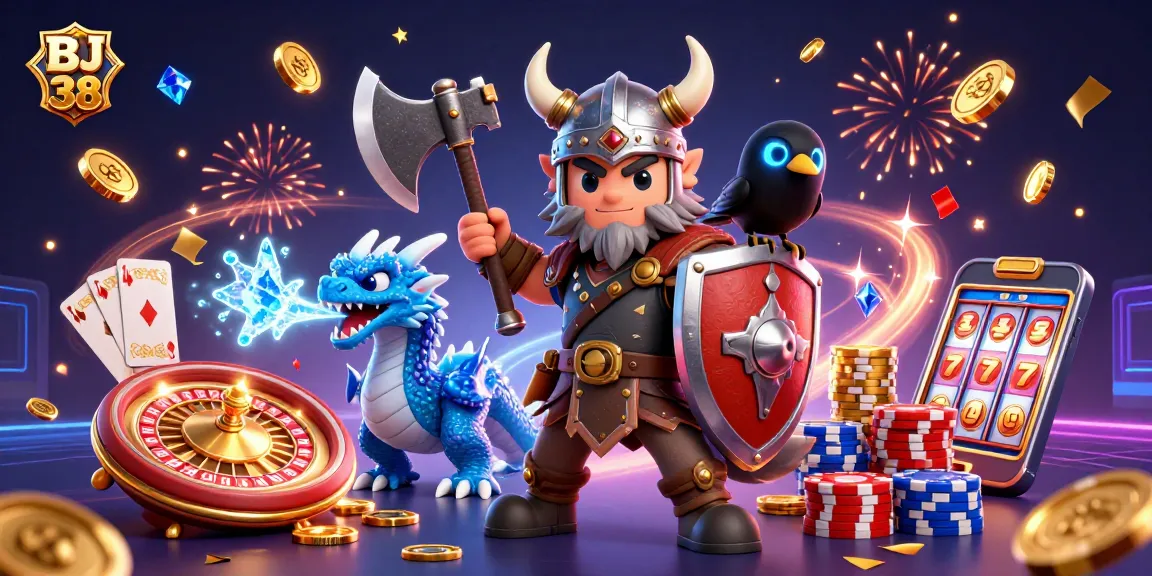 BJ 38 features a Viking warrior, dragon, and raven amidst gold coins and casino elements, celebrating a big win.