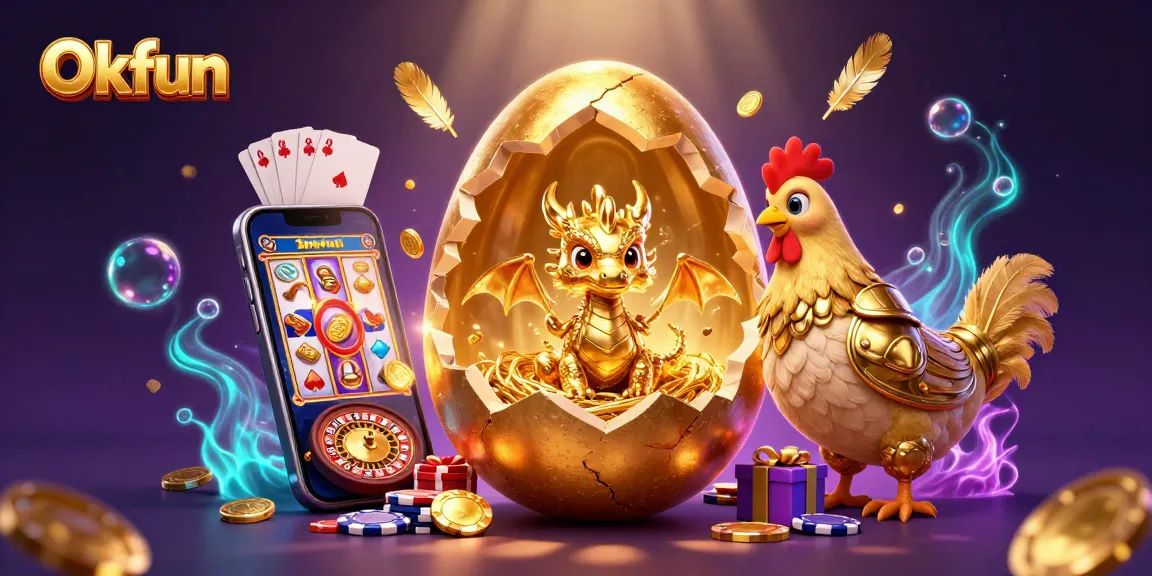 Experience Okfun's golden lottery with a baby dragon, poker chips, and dynamic slot games