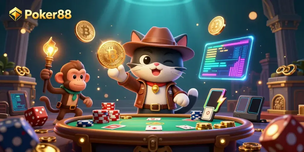 Engage with Poker88 through a thrilling adventure scene featuring an archaeologist cat and a treasure-seeking monkey.