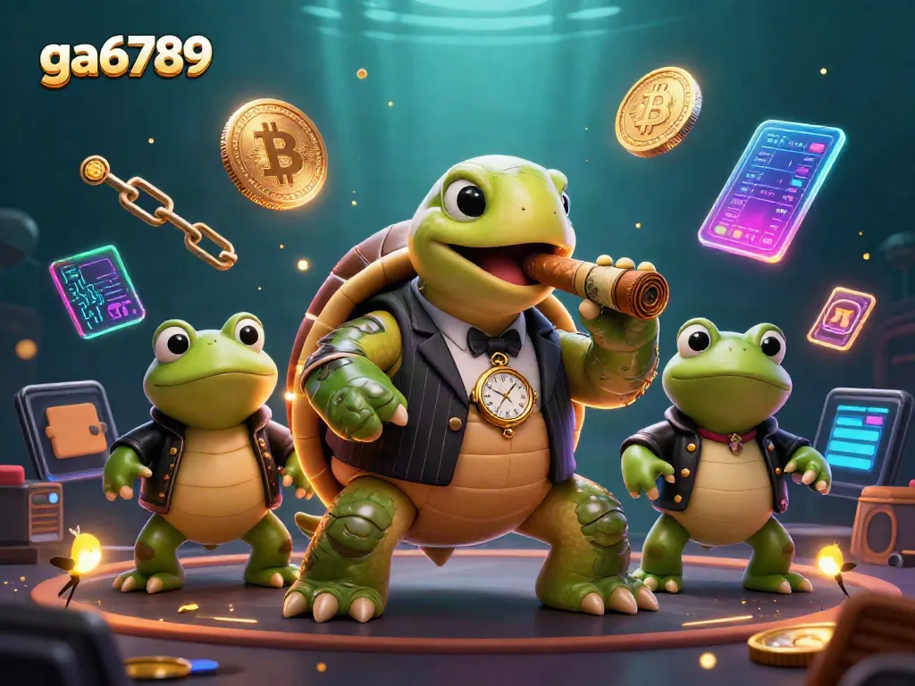 Join the excitement at ga6789 with the massive turtle mobster and bullfrog enforcers amidst vibrant casino lights and crypto elements.