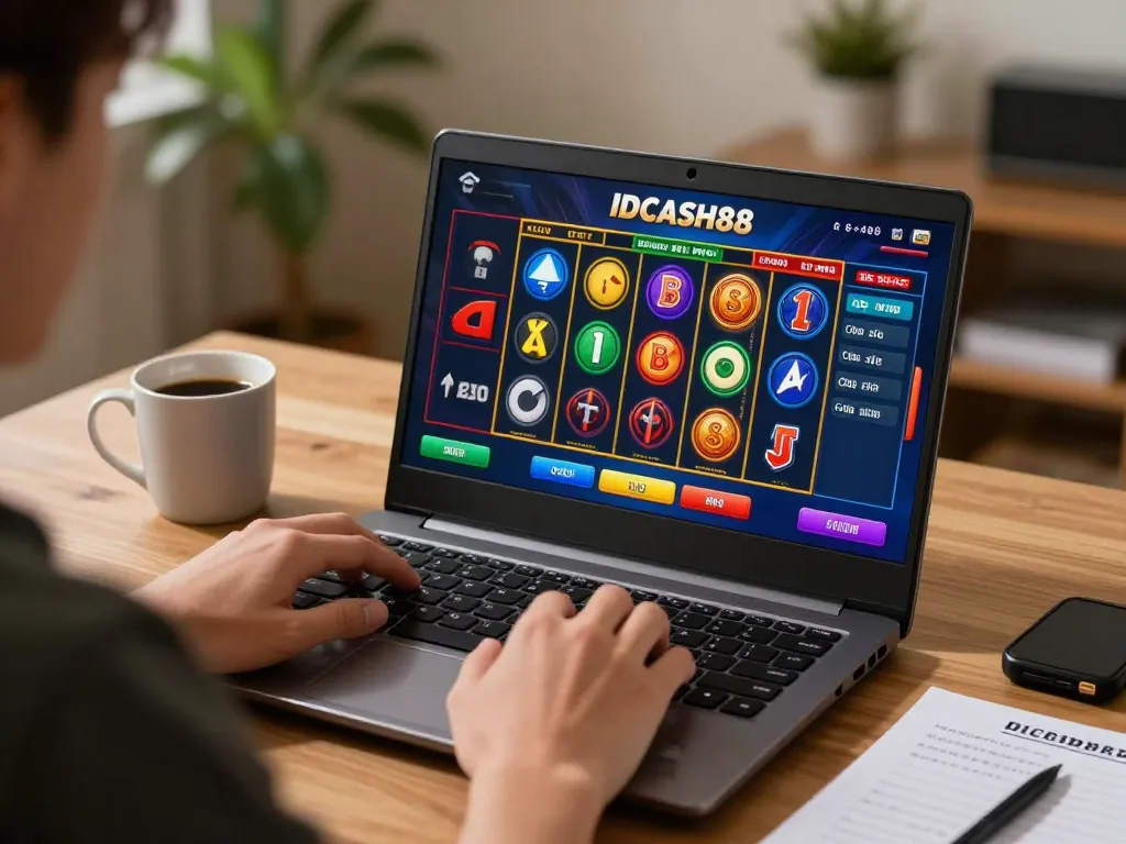 Engaging with IDCASH88 Slot gameplay on a laptop in a cozy home setting