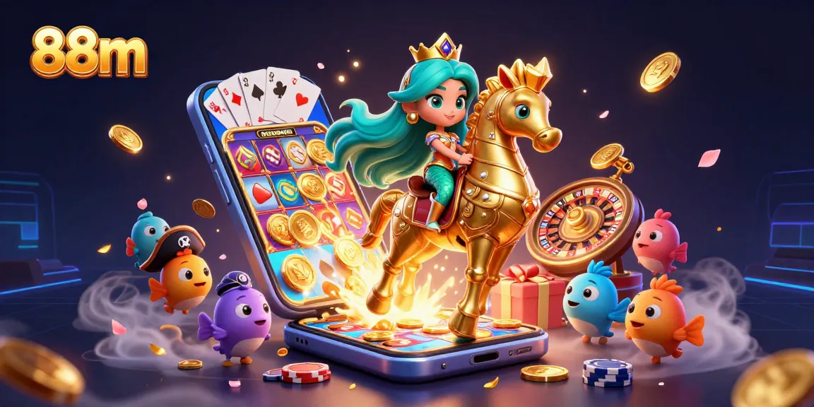 Engage with 88m's vibrant casino world featuring a mermaid, seahorse, and slot games bursting with fun!