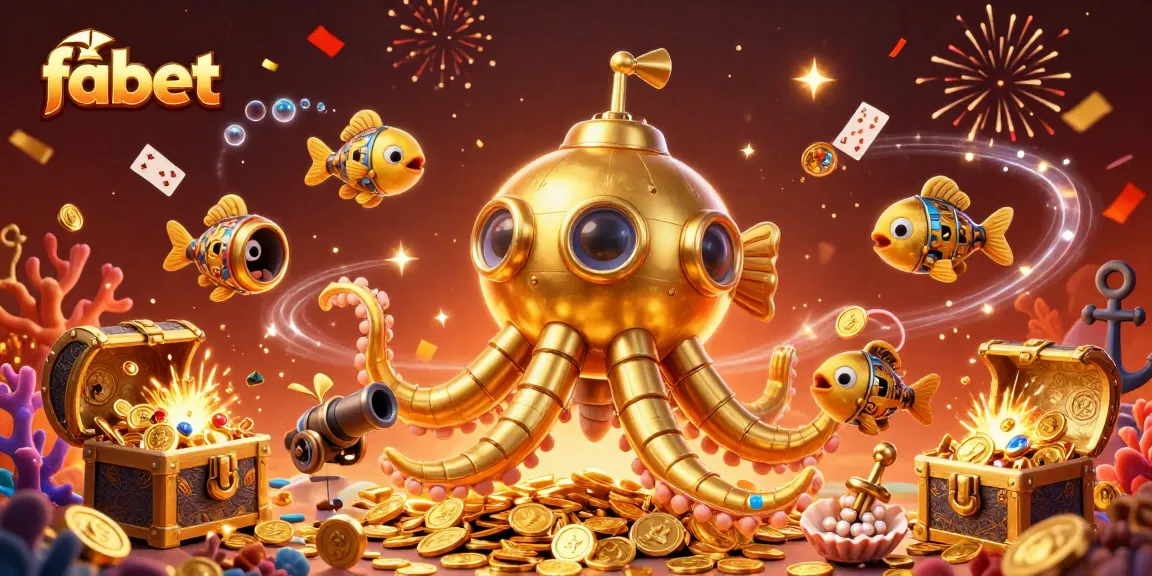 Join the fabet adventure with a golden kraken submarine amidst riches and festive casino elements.