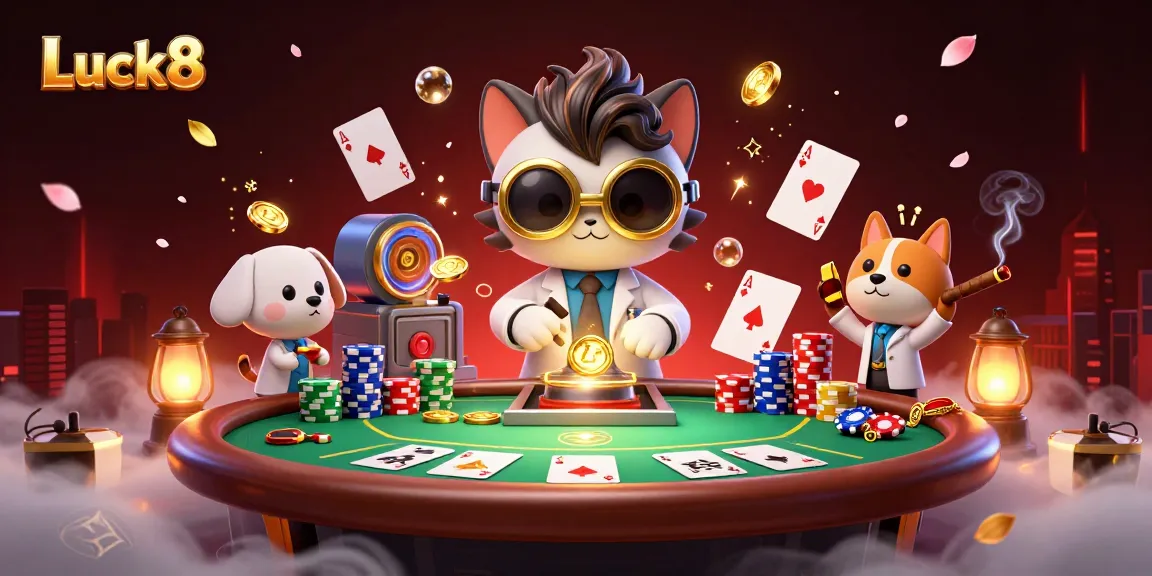 Engage with Luck8 in a vibrant casino scene featuring a scientist and dog at a poker table.