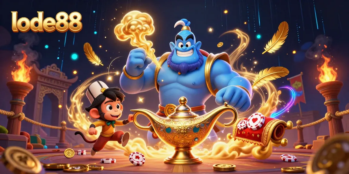 Experience thrilling games at lode88 with a magical 3D casino atmosphere featuring genie, monkey, and poker chips.