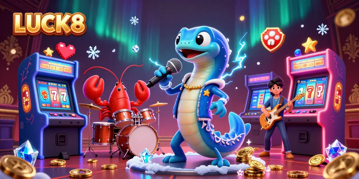 Experience LUCK8 in a vibrant underwater casino with an electric eel DJ and colorful arcade vibes.
