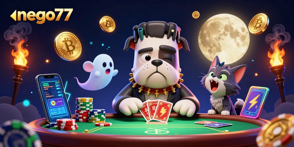 Engage in thrilling card play at nego77, featuring a whimsical poker scene with unique 3D characters.