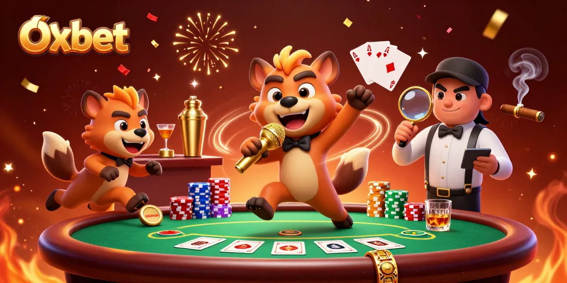 Experience excitement at Oxbet with a hyena comedy casino scene featuring poker, drinks, and fun.