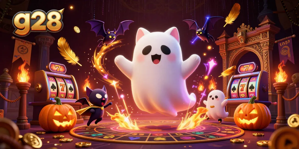 g28 online gaming fun with a friendly ghost cat, vampire bat, and glowing jack-o-lanterns