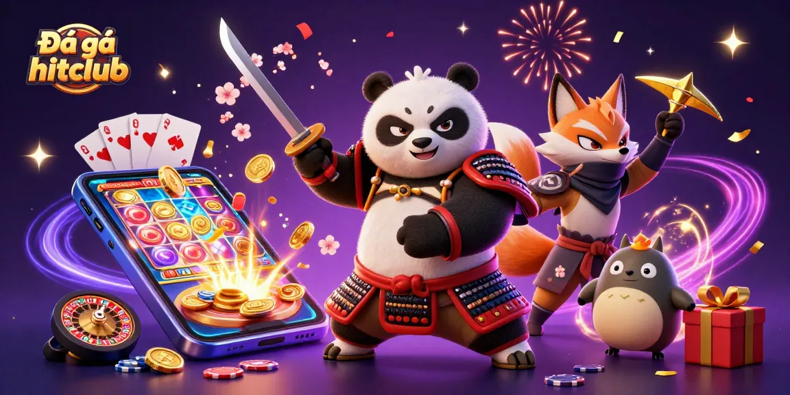 Engage in Đá gà hitclub with cartoon samurai panda and ninja fox amid dynamic gaming excitement.