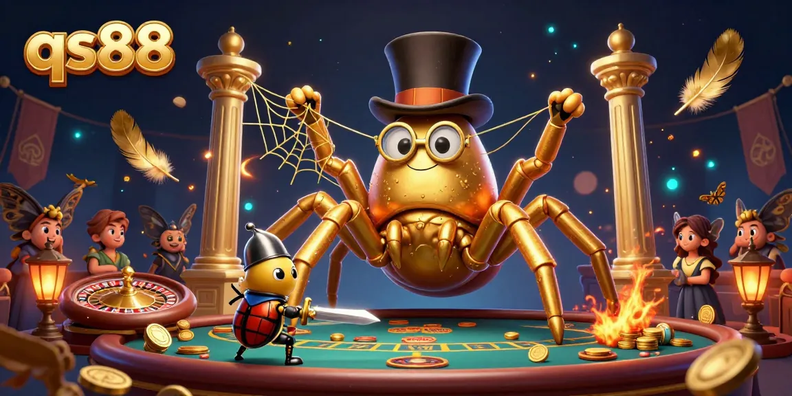 Engage with qs88's vibrant online casino experience featuring a giant tarantula and a beetle knight.