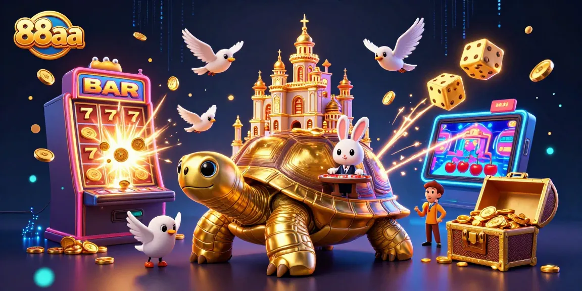 Spin and win with 88aa, illustrated casino scene featuring a tortoise palace and vibrant gaming elements.
