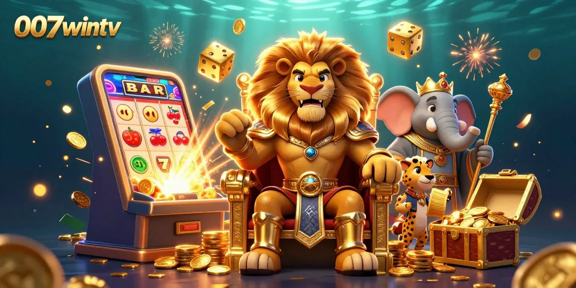 Win big with 007wintv featuring a fantasy scene of a lion king, elephant advisor, and cheetah messenger.