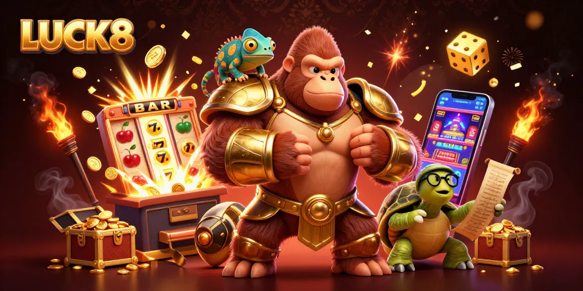 LUCK8 celebrates winning moments with a gorilla king, chameleon, and tortoise amidst thrilling slots and gaming elements.