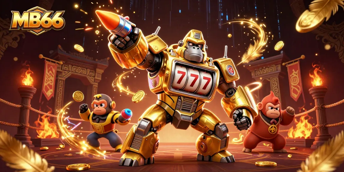 MB66's golden gorilla mech triumphantly reveals spinning slot reels as coins erupt in a vibrant casino arena.