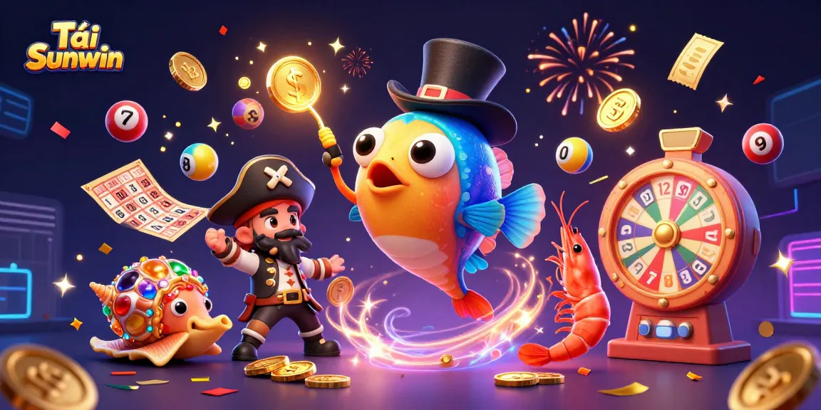 Tải Sunwin and win big with a cartoon anglerfish, treasure snail, and shrimp amidst vibrant gambling elements.