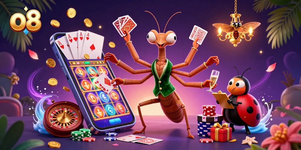 Engage with thrilling moments at o8 as a giant mantis dealer shuffles cards and champagne flows.