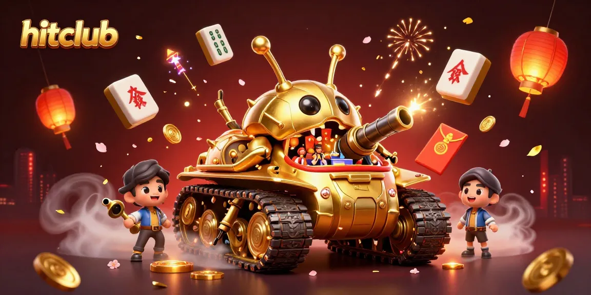 Experience the excitement of hitclub with this vibrant 3D casino illustration showcasing a gold beetle tank and festive game elements.