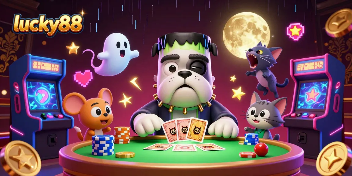 Experience thrilling gameplay with lucky88 as a cartoon bulldog deals cards at a haunted casino table.