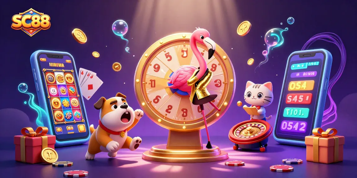 Engage with SC88's thrilling prize wheel and vibrant casino atmosphere in a dynamic illustration.
