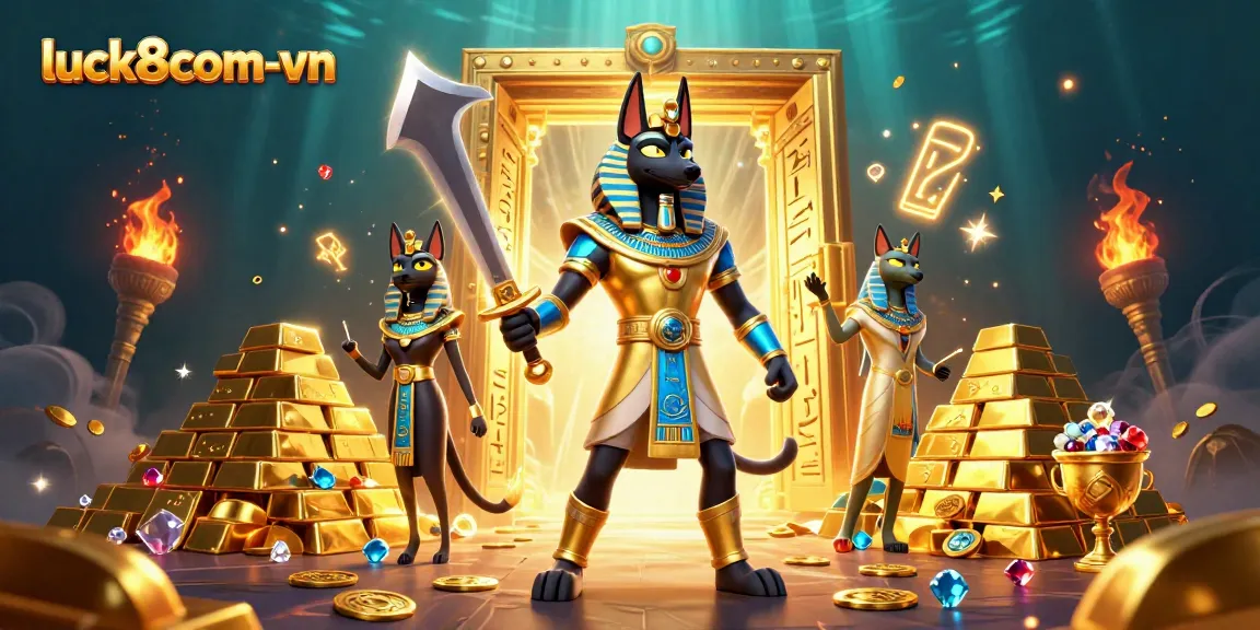 Win big with luck8com-vn in this vibrant illustration featuring Anubis and Bastet amidst treasures and casino elements.