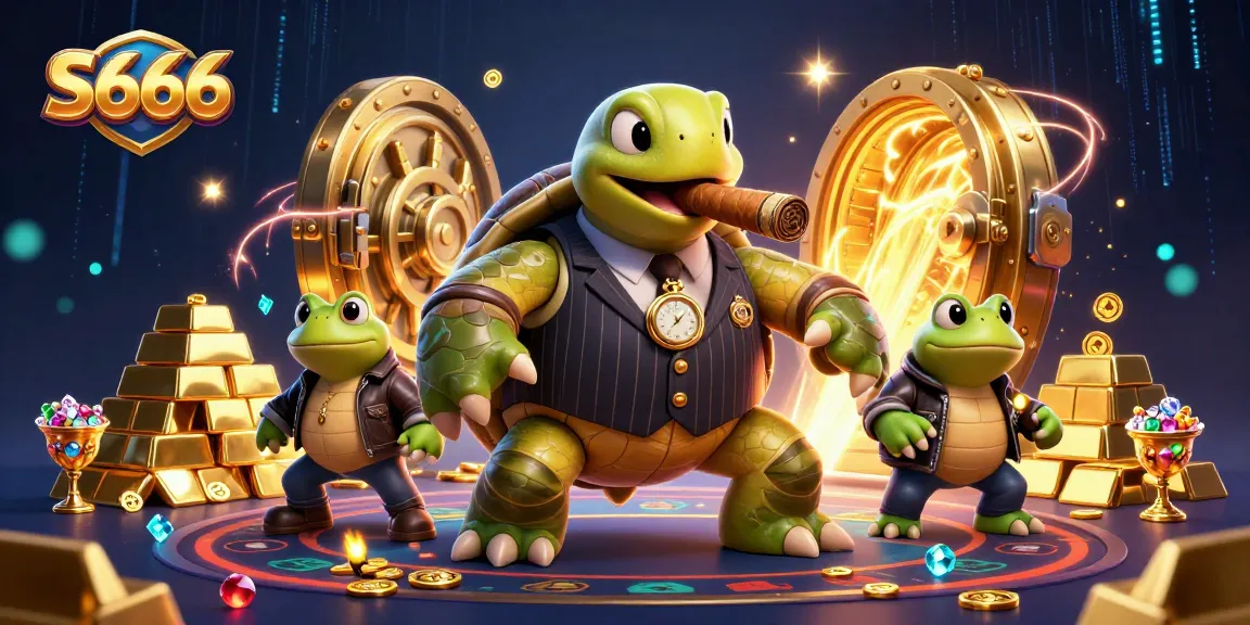 S666 showcases a vibrant 3D scene with a turtle in casino attire and gem treasures, emphasizing gaming excitement.