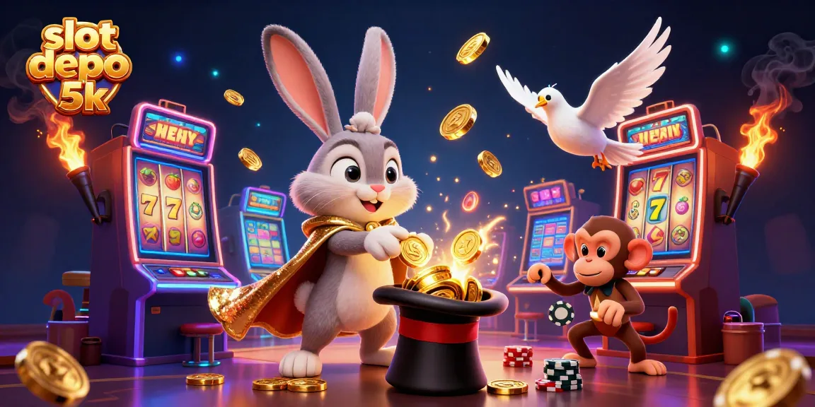 Experience the thrilling world of slot depo 5k with a magical rabbit, coins, and vivid slot machines.