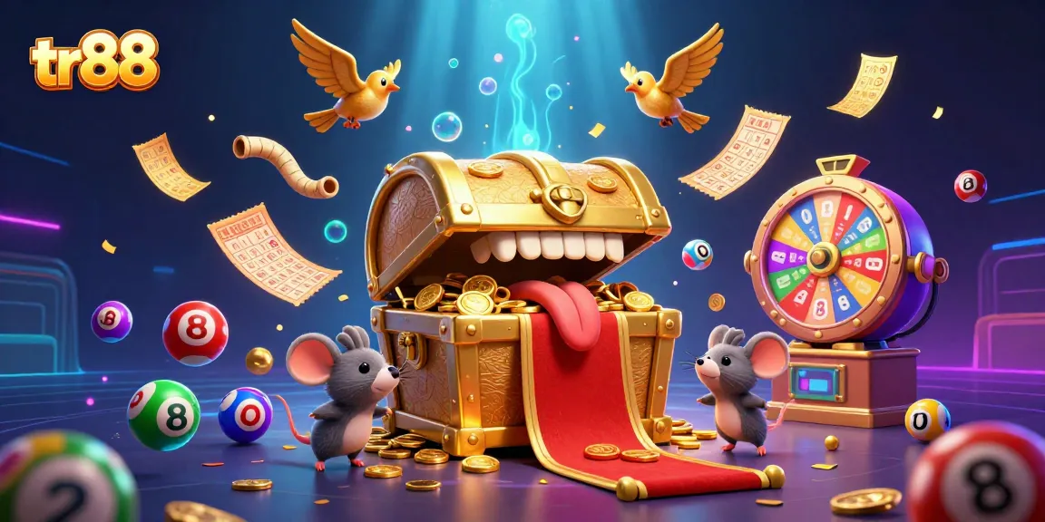 Engage with tr88's golden treasure chest lure amidst dynamic lottery games and prize elements.
