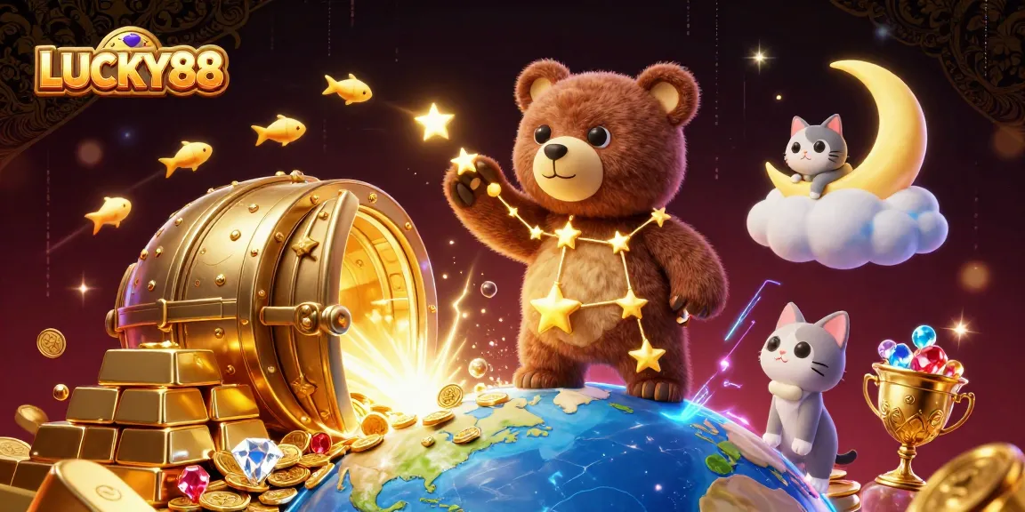 LUCKY88 showcases a vibrant 3D casino scene with a constellation bear scooping coins and sparkling treasures.