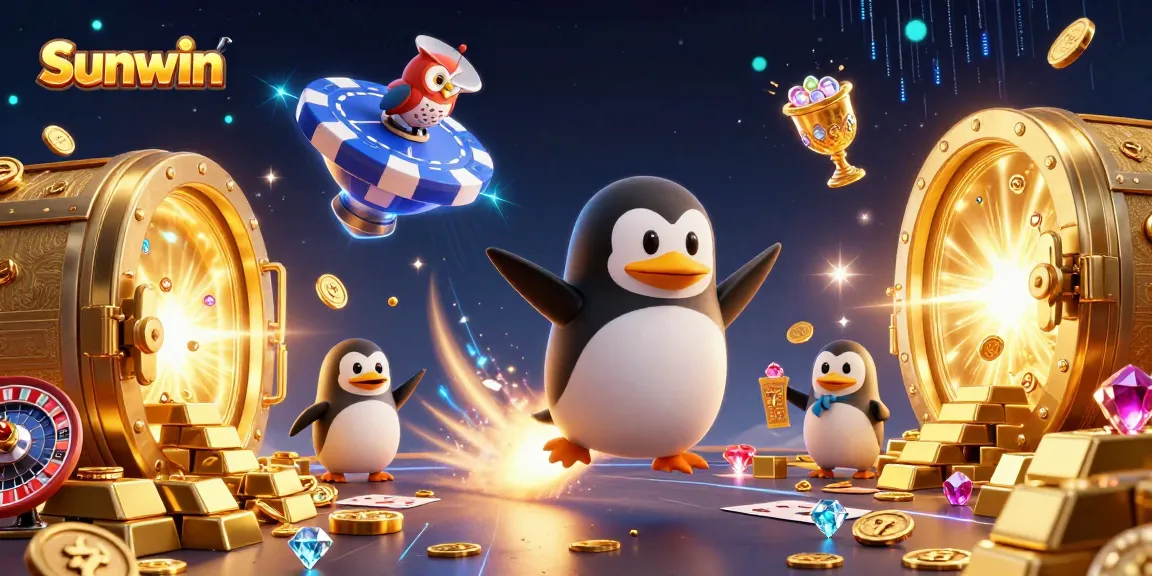 Sunwin casino scene featuring a rocket-powered penguin and vibrant gambling elements