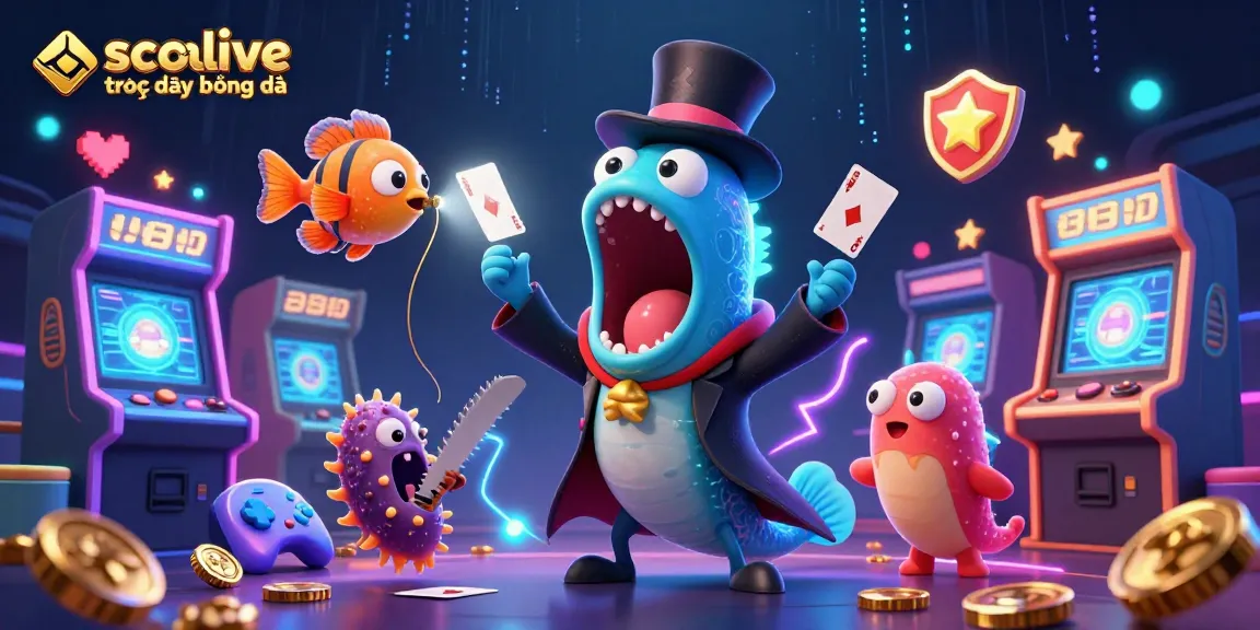 Socolive trực tiếp bóng đá scene featuring a gulper eel performing card tricks against a vibrant gaming background.