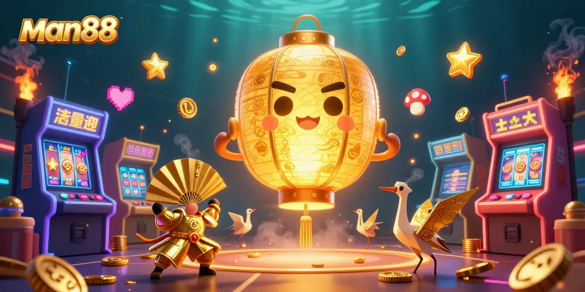 Engage with man88's vibrant casino scene featuring a golden lantern spirit and arcade games.