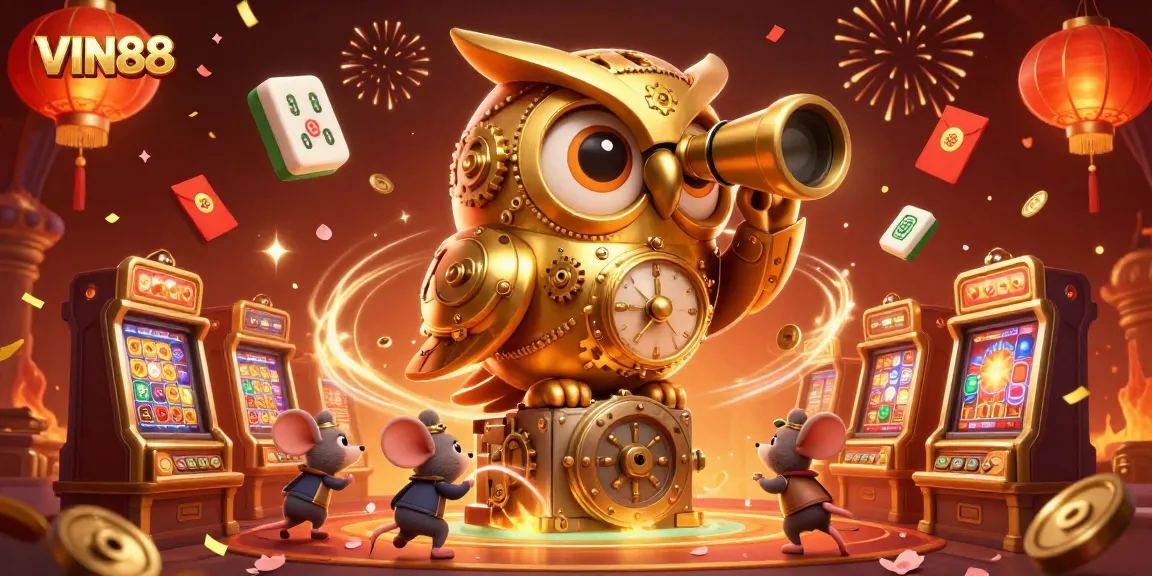 Engage with VIN88's casino scene featuring a golden owl, mouse patrons, and festive elements.