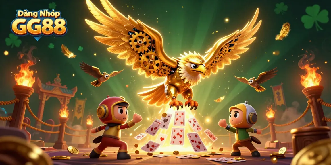Experience thrilling gameplay in Đăng Nhập GG88 with a dynamic 3D scene illustrating cybernetic eagles and holographic cards.